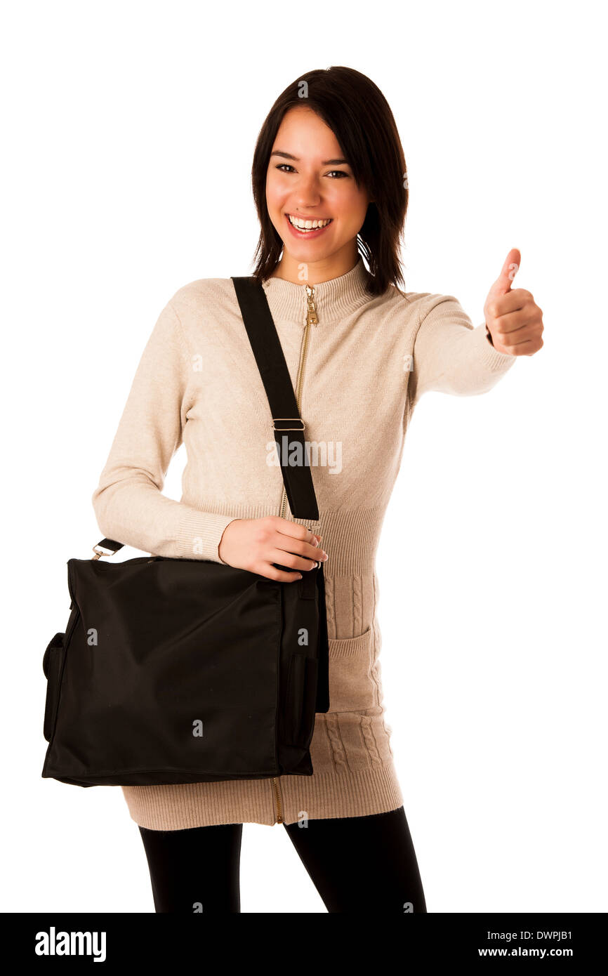Jolie asian woman student with briefcase showing thumb up isolé sur fond blanc Banque D'Images