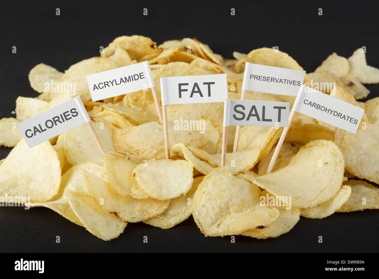 Junk Food concept. Croustilles de pommes de terre et les indicateurs montrant les ingrédients malsains Banque D'Images