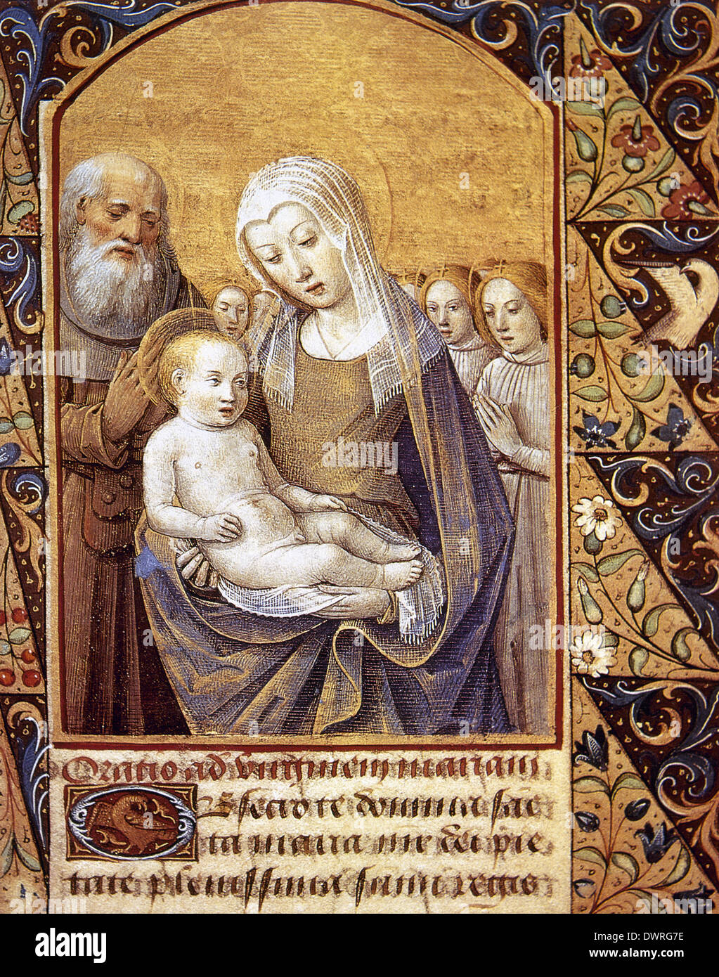La Vierge Marie avec l'Enfant Jésus, Saint Joseph et les anges. Miniature. Livre d'heures. Vie de la Vierge. Banque D'Images