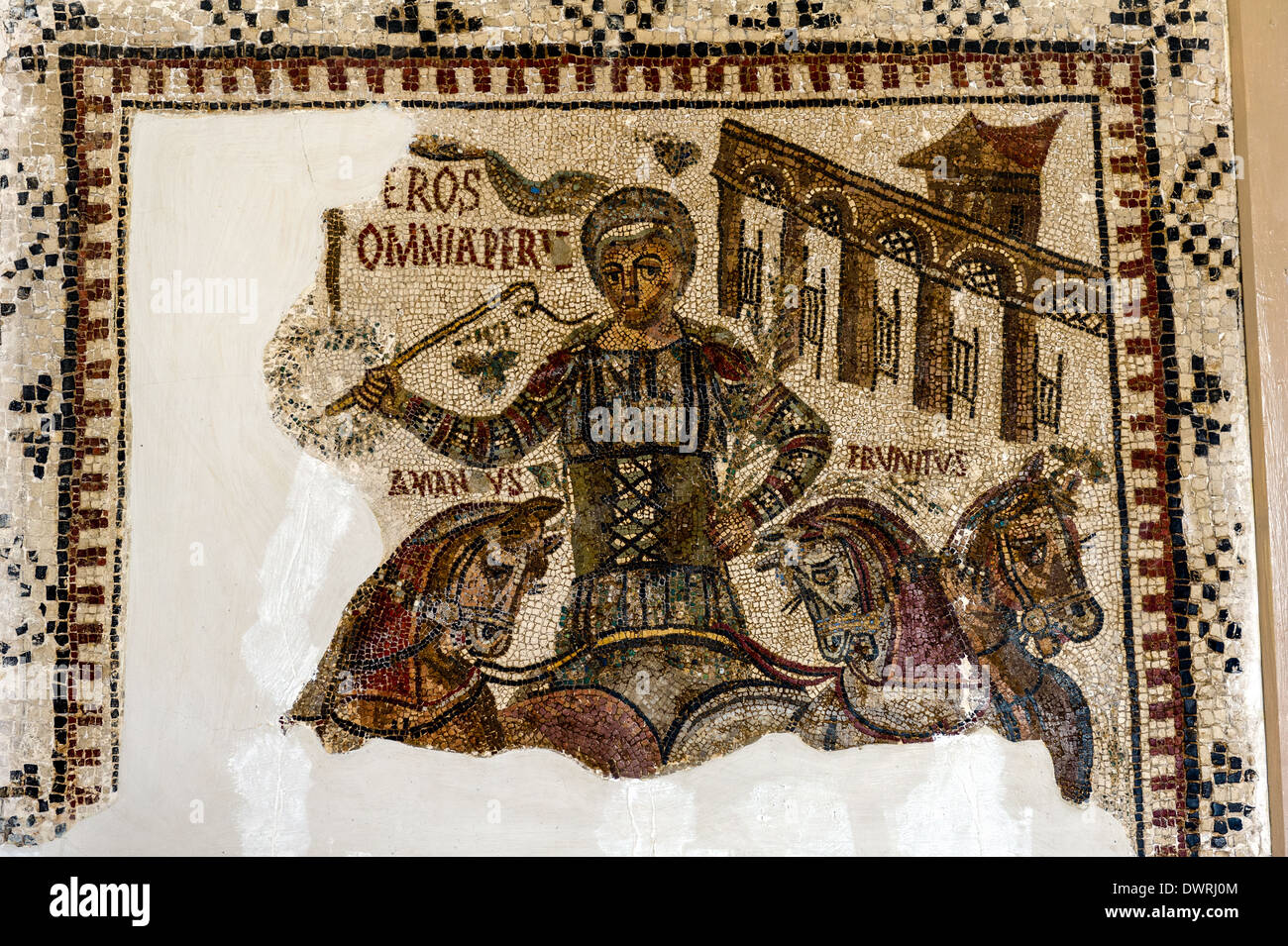 L'Afrique du Nord, Tunisie, Tunis. Le Musée du Bardo. Fresque romaine mosaïque. Attelage de chevaux. Fragment. Banque D'Images