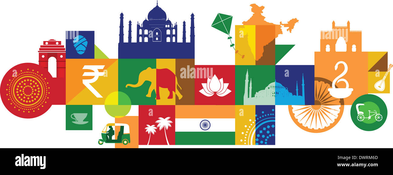 Collage d'illustration d'attractions touristiques de l'Inde, l'Asie Banque D'Images