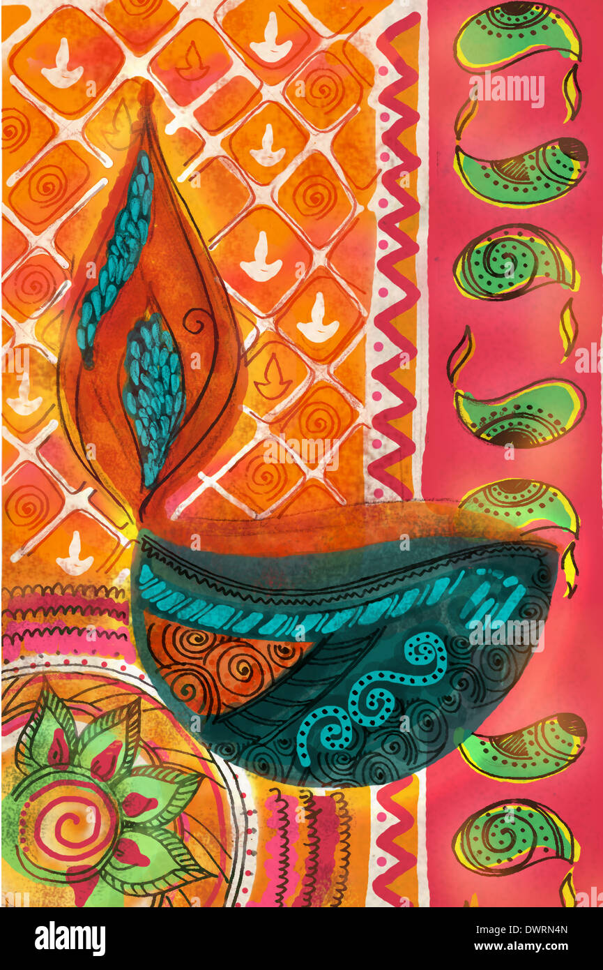 Image d'illustration de lampe à huile décorée représentant Diwali festival Banque D'Images