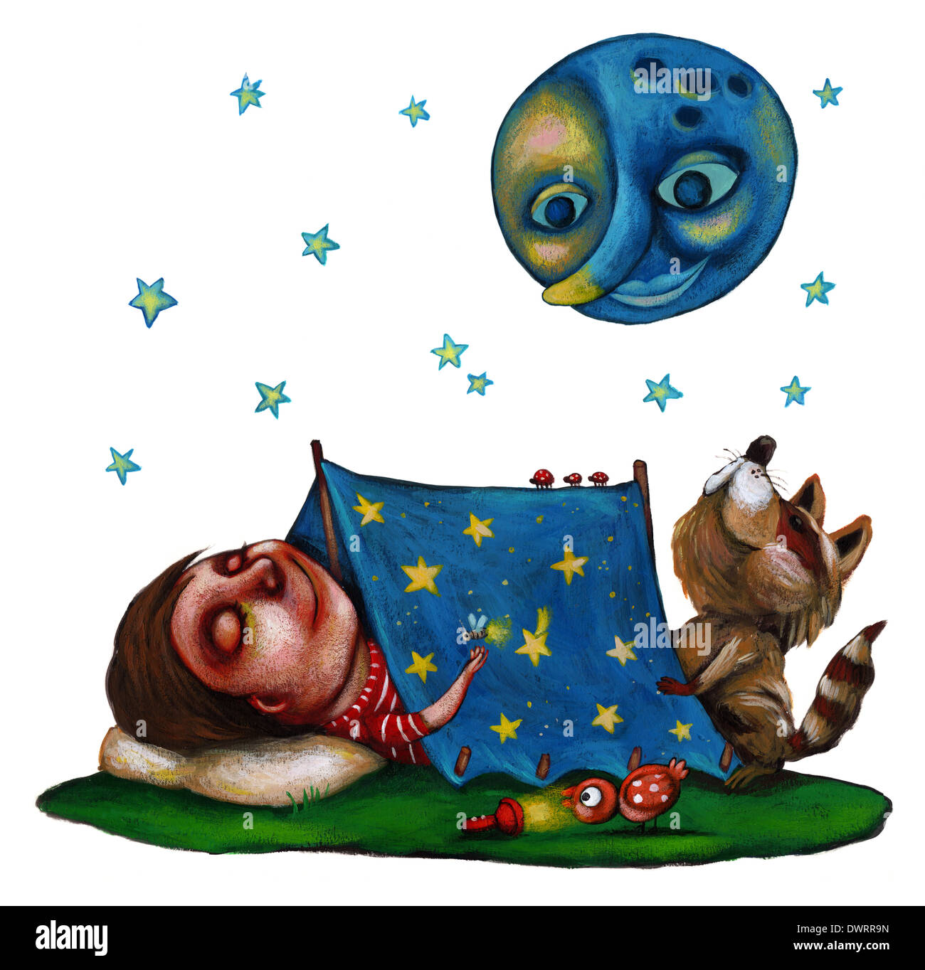 Image d'illustration du garçon endormi dans la tente sous lune représentant fantasy Banque D'Images
