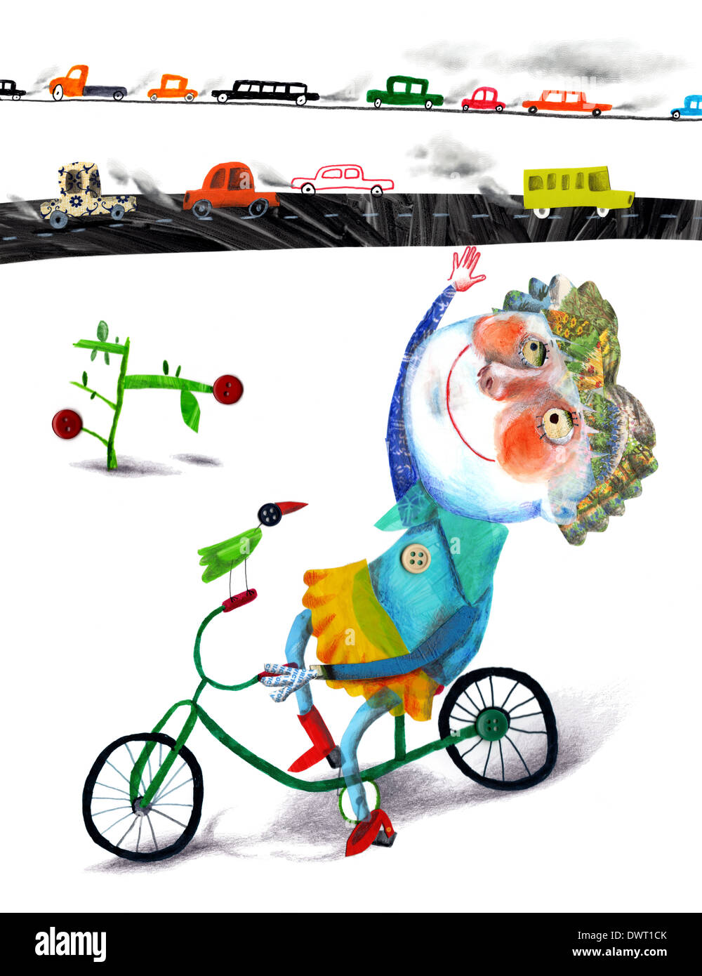 Image d'illustration de girl riding bicycle avec circulation en fond représentant rendez-concept vert Banque D'Images