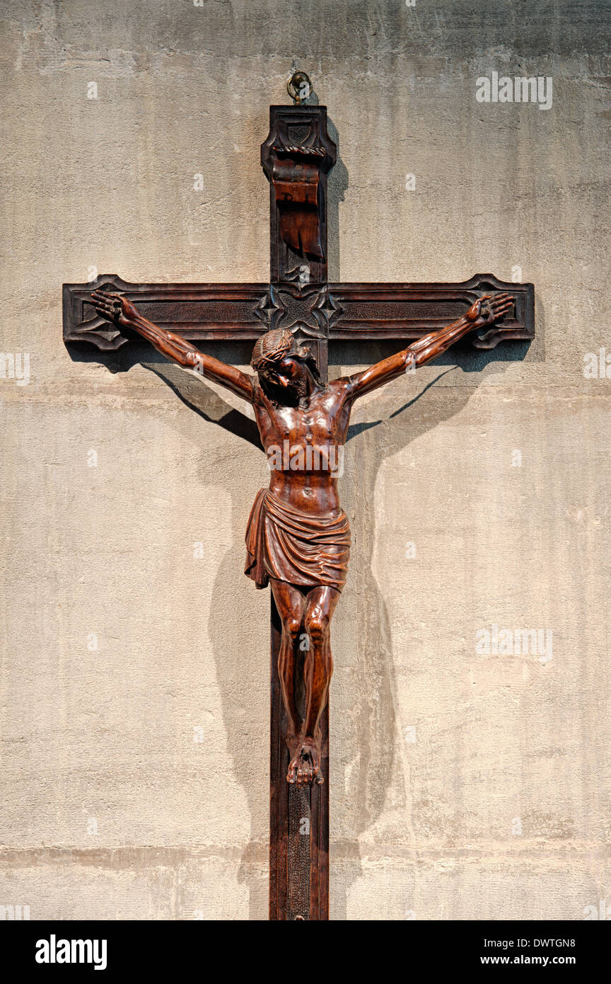 Jésus Christ sur la croix à Saint Marys church, Fairford, Gloucestershire, Angleterre Banque D'Images