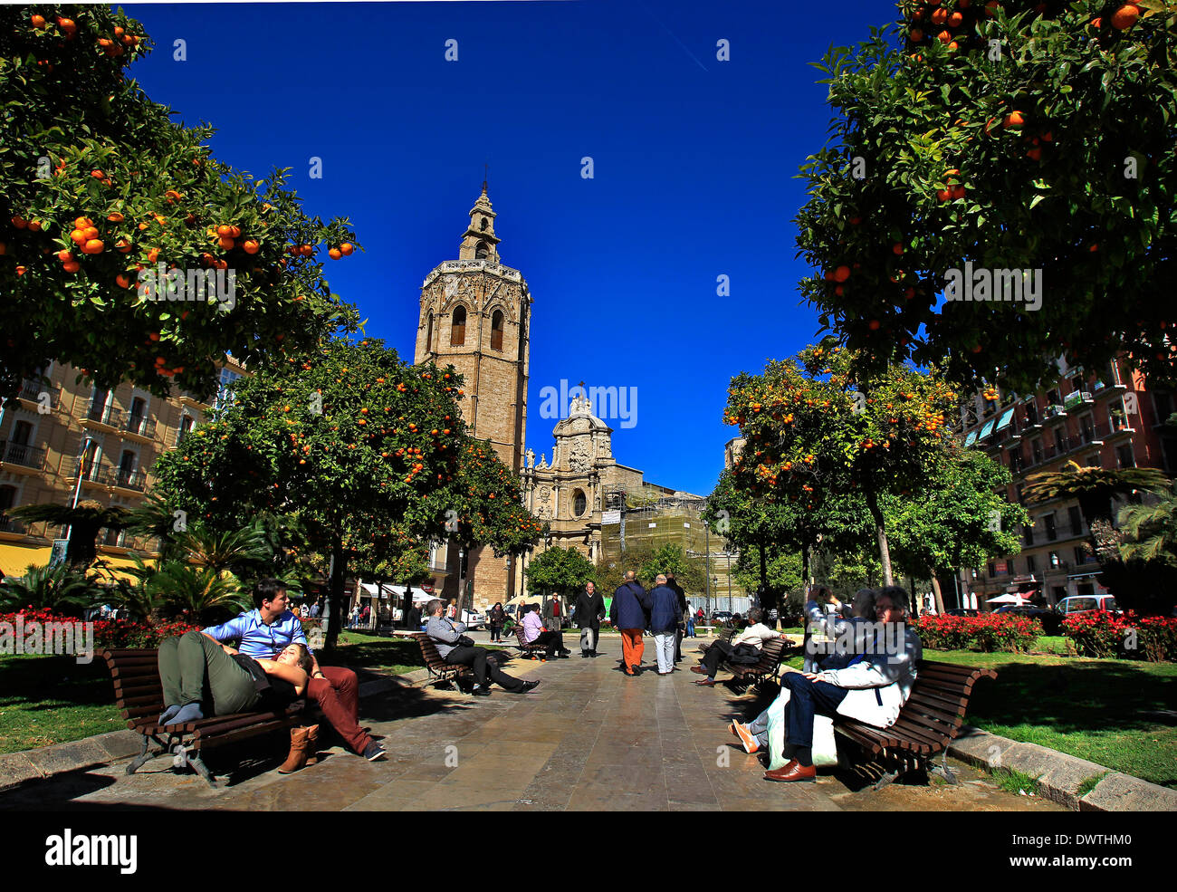 Une vue générale de personnes se détendre et faire leur journée dans la Plaza de la Reina, Valencia, Espagne Banque D'Images