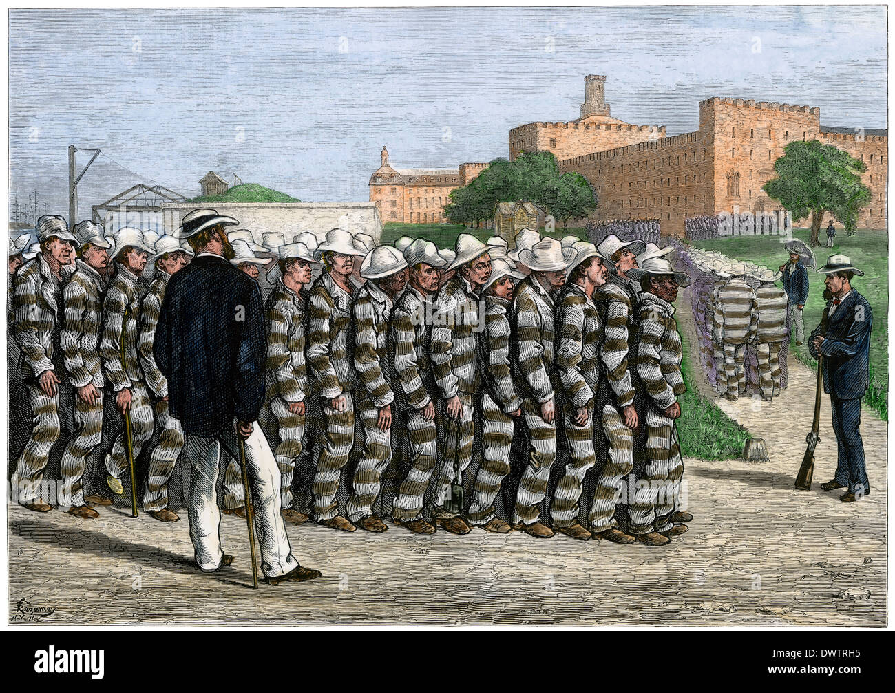 Travail prisonnier retour à des gangs Blackwell's Island pénitencier dans le port de New York, 1870. À la main, gravure sur bois Banque D'Images