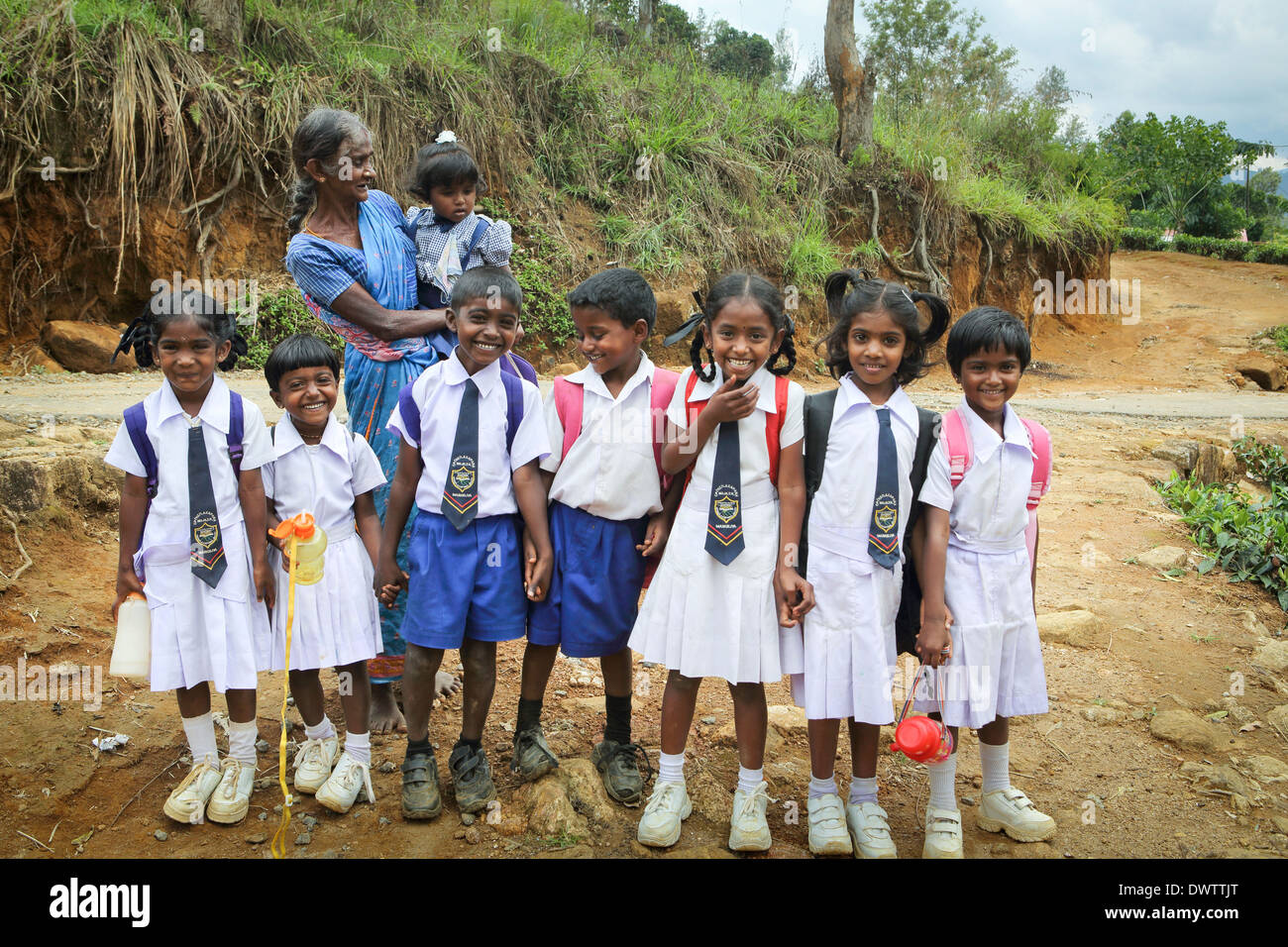 Les jeunes écoliers en uniforme soigneusement alignés sur leur chemin de retour de l'école dans une plantation de thé community Banque D'Images