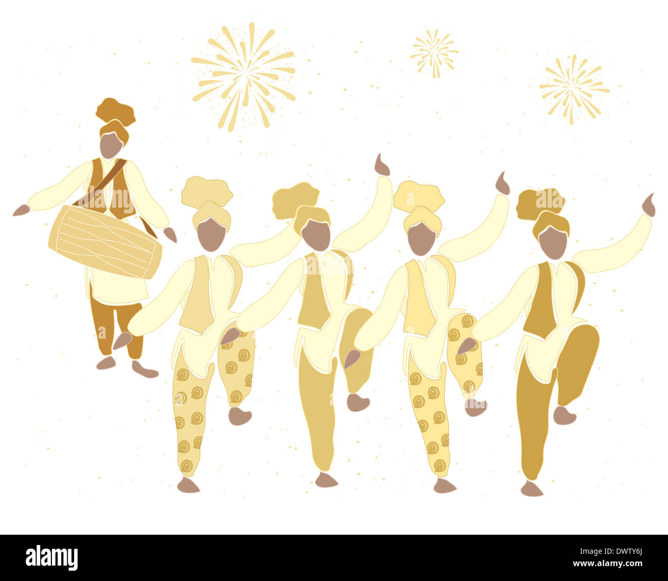 Une illustration d'une danse bhangra en or avec Fireworks sur un fond blanc Banque D'Images