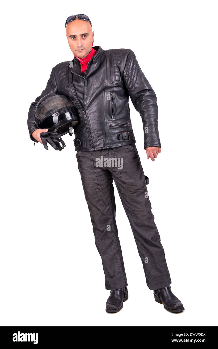 Biker en blouson de cuir avec casque isolé dans White Banque D'Images