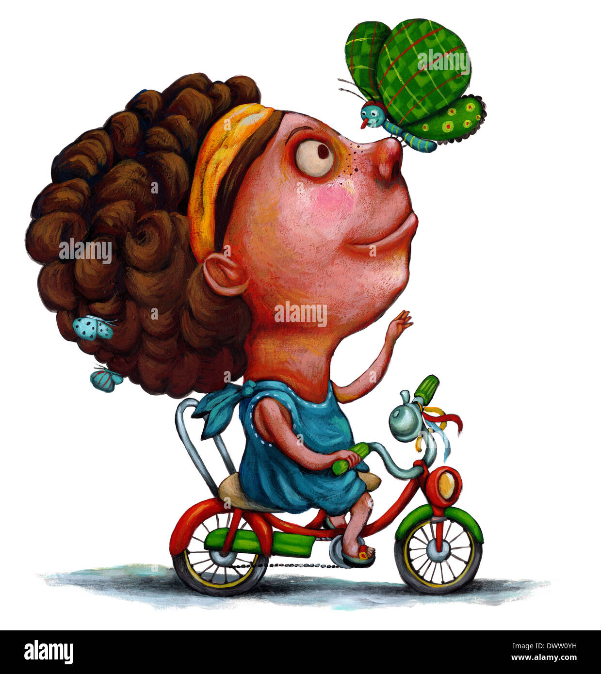 Illustration de happy girl Playing with butterfly tout en riding bicycle Banque D'Images