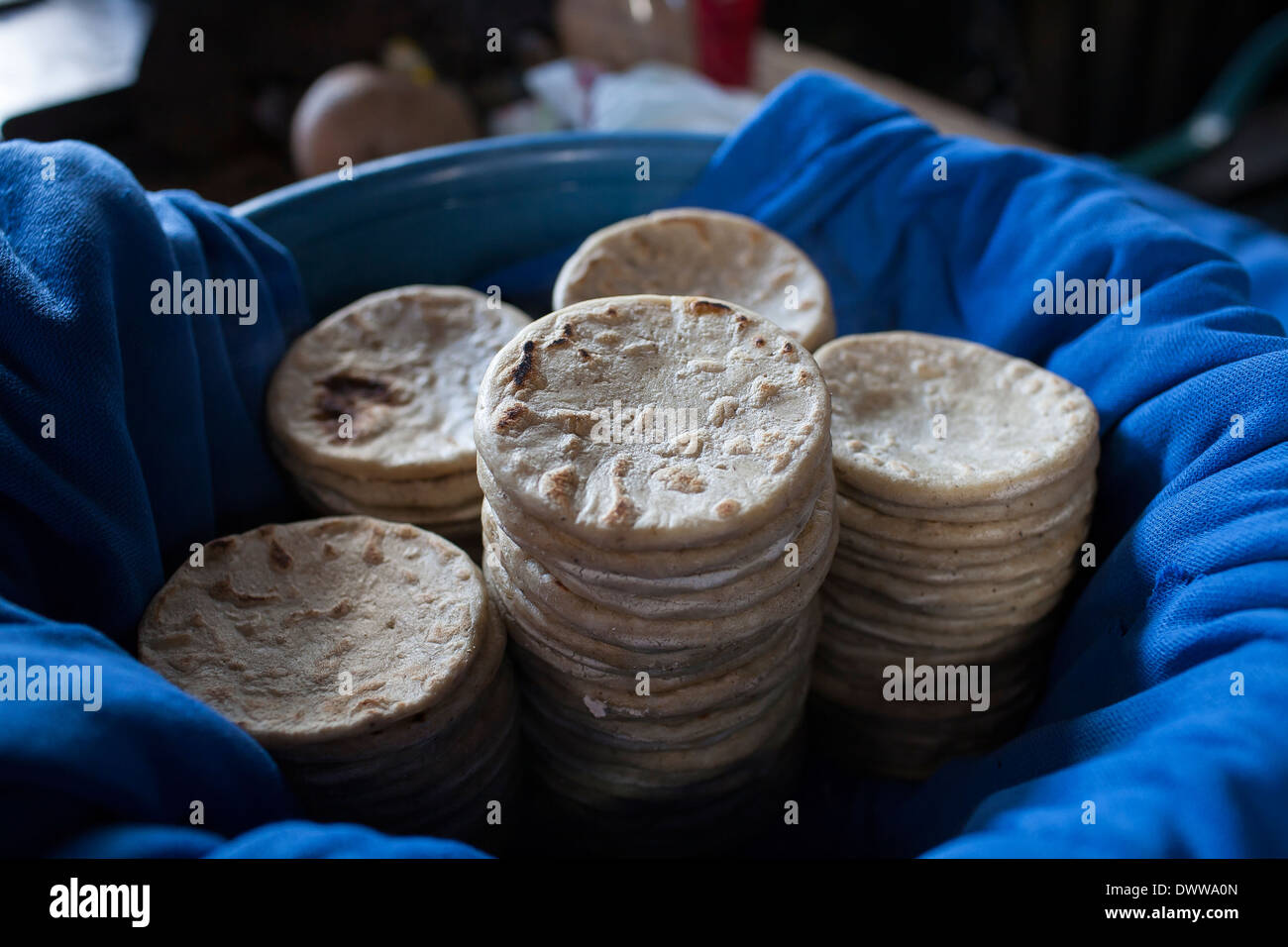 Tortillas de maïs cron frais dans un panier garni bleu dans le marché de Juayua sur les routes de la flores en El Salvador Banque D'Images