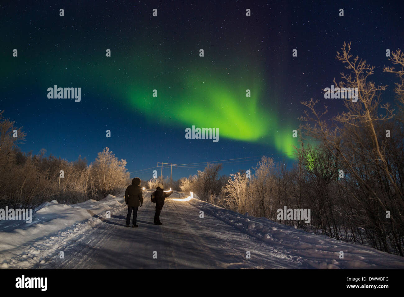 Aurora Borealis ou Northern Lights, Abisko, Laponie, Suède. Le froid des températures aussi basses que -47 degrés Celsius. Banque D'Images