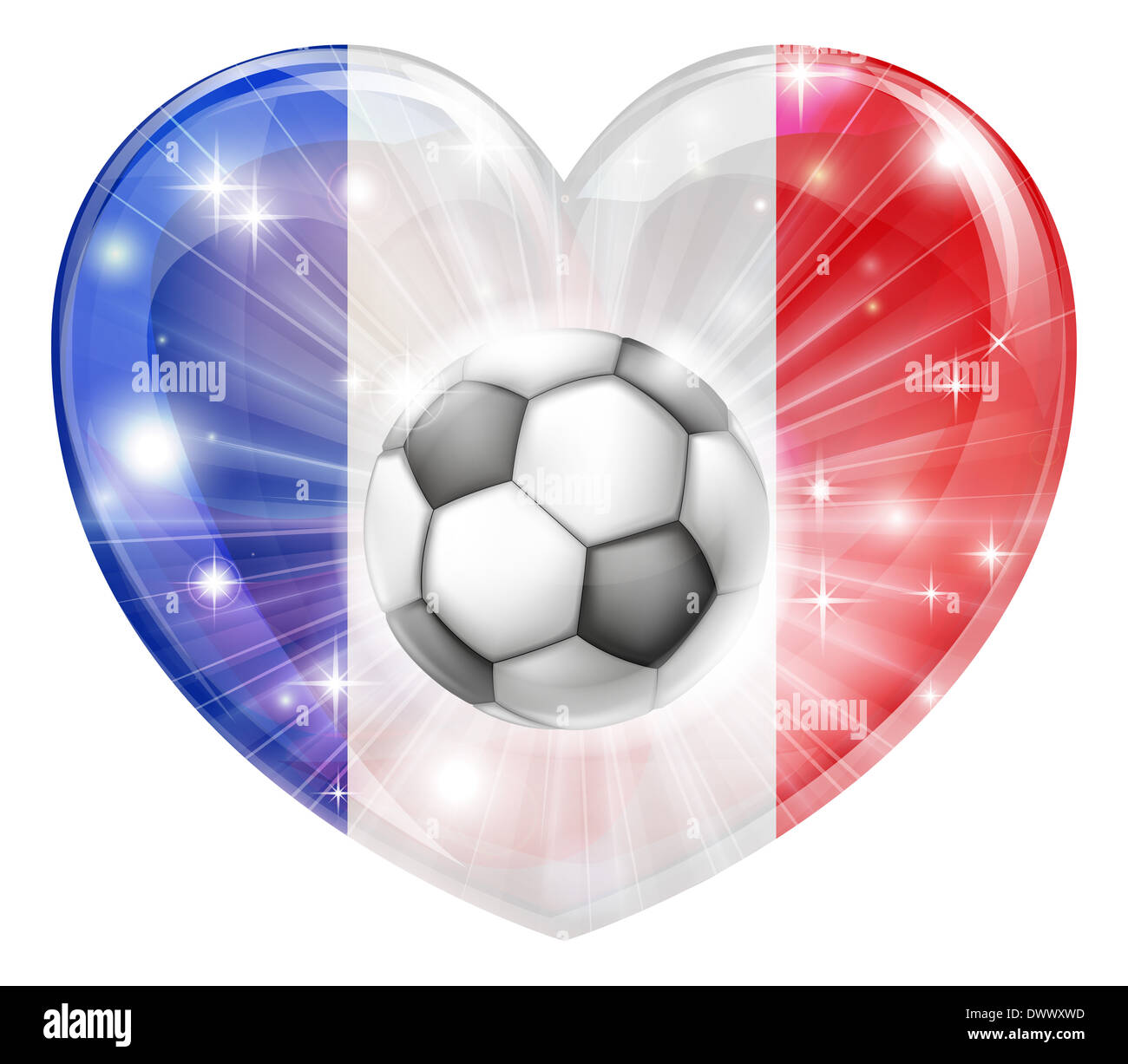 France football soccer ball flag love heart concept avec le drapeau Français en forme de coeur et un ballon de soccer de prendre l'avion Banque D'Images