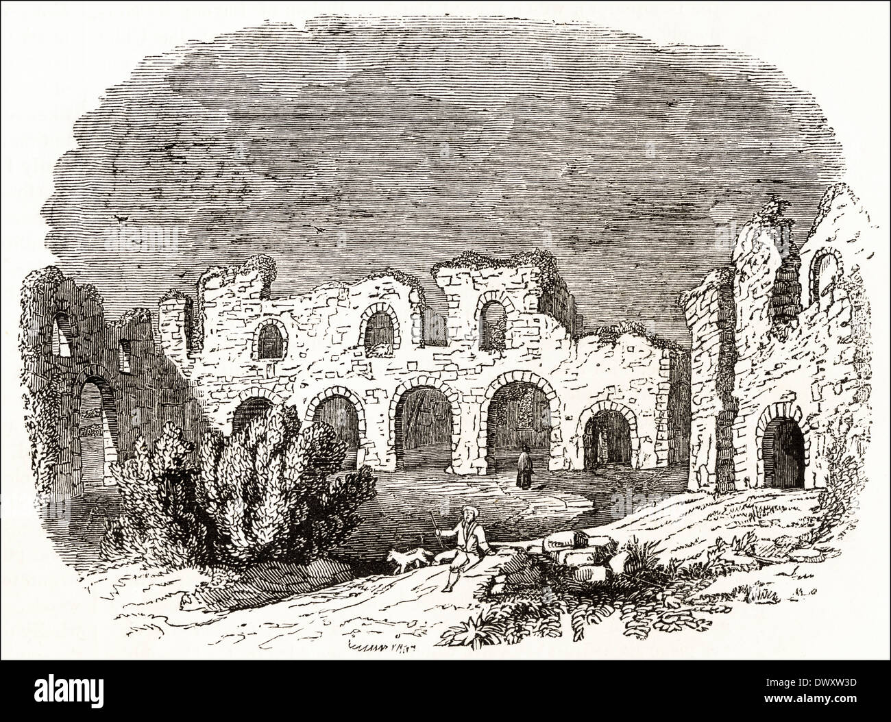 Ruines de l'abbaye de Reading en 1721, lieu de sépulture du roi Henri I d'Angleterre. Circa 1845 gravure sur bois victorien Banque D'Images