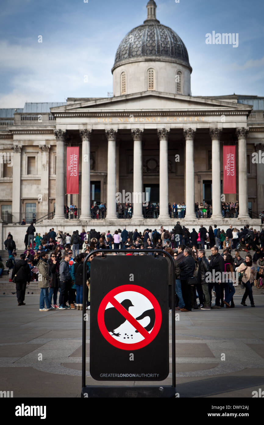 Un panneau vous indiquant de ne pas nourrir les pigeons en dehors de la National Gallery à Trafalgar Square Banque D'Images
