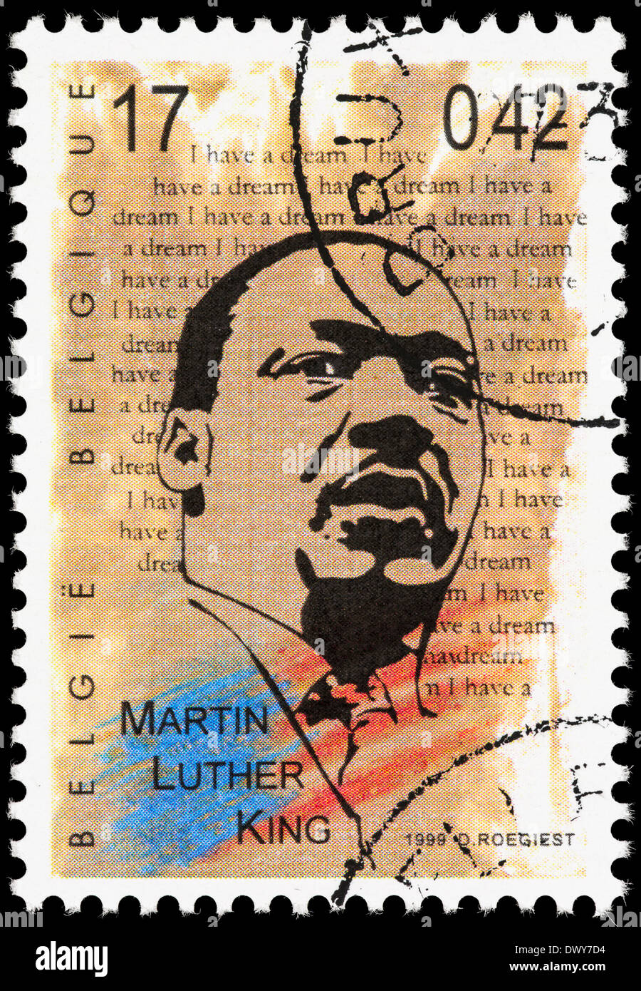 Belgique timbre-poste avec une illustration de Martin Luther King, "I have a dream' dans l'arrière-plan. Banque D'Images