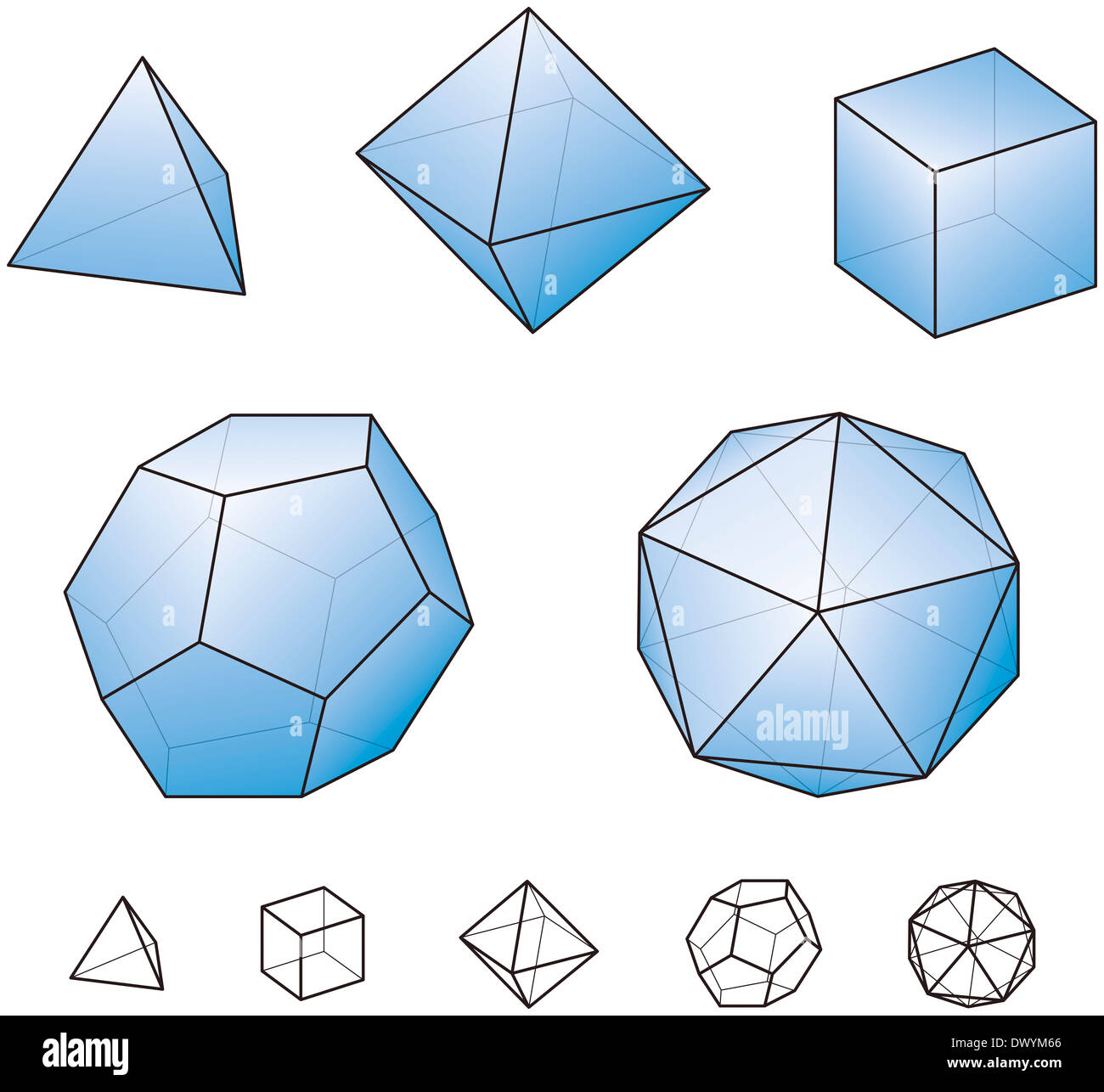Solides de Platon avec surfaces bleu - polyèdres convexes réguliers, en géométrie euclidienne Banque D'Images