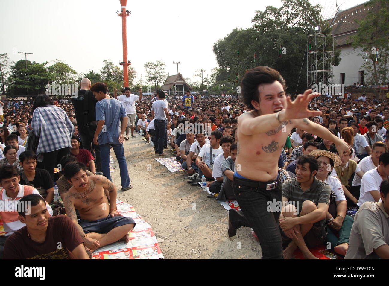 Nakhon Pathom , Thaïlande. 15e Mars 2014. Dévot entre dans un état de transe qu'il tente de payer ses propos d'une statue de Khru Sak durant la célébration de l'assemblée annuelle du festival de tatouage au Wat Bang Phra. Des milliers de croyants de toutes les régions de Thaïlande venu de faire partto les moines du temple qui sont maître tatoueur. Dans la culture thaïlandaise le tatouage est porté comme un symbole de protection physique et spirituelle, beaucoup pensent que le tatouage a pouvoirs mystiques. De nombreux fanatiques de tatouage choisir d'il y a des singes et des tigres ainsi que les Khmers au Cambodge ancien script sur leur corps. Crédit : John Vincent/Alamy Live N Banque D'Images