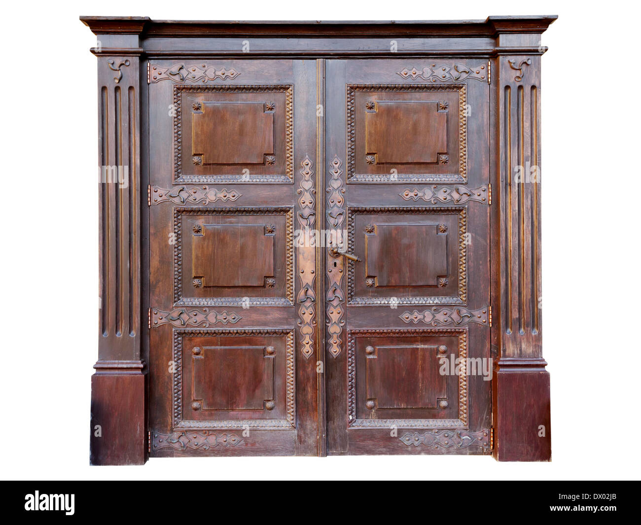 Vintage porte d'entrée décorée de fer forgé, isolated on white Banque D'Images