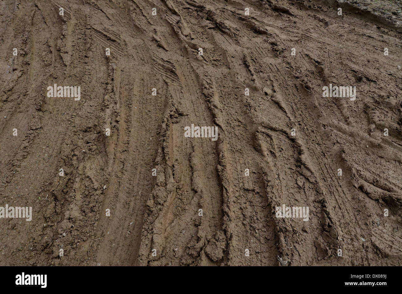 Les voies de véhicules qui passent le long de la piste boueuse pays. Métaphore bâton dans la vase, la boue, la texture de surface boueuse, la boue, la boue de l'hiver. Banque D'Images