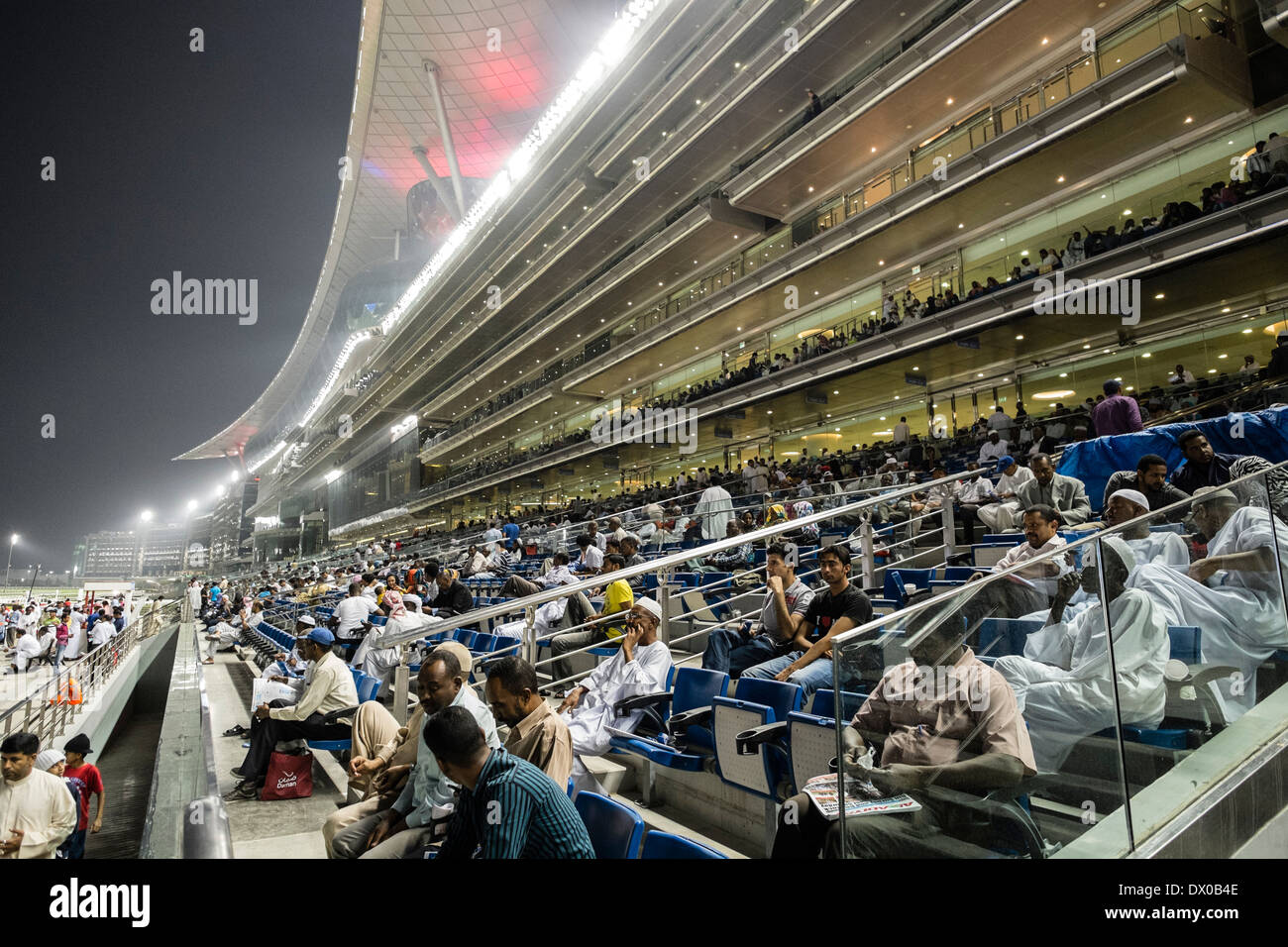 Courses de chevaux à la tribune réunion à l'hippodrome de Meydan Al nuit à Dubaï Émirats Arabes Unis Banque D'Images