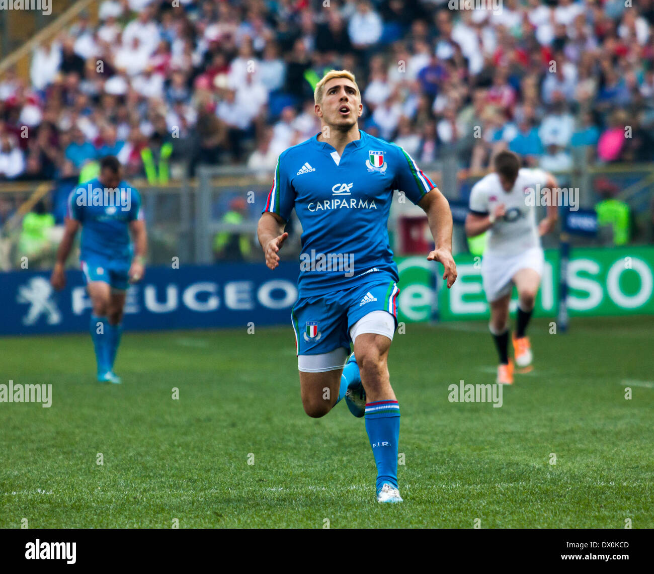 Italie v Angleterre. RBS 6 Nations. , Rome, Italie, 15/03/14. L'Angleterre a battu l'Italie par 52 à 11 points au Stadio Olimpico. Remplacement du demi de mêlée italien Eduardo Gori. Banque D'Images