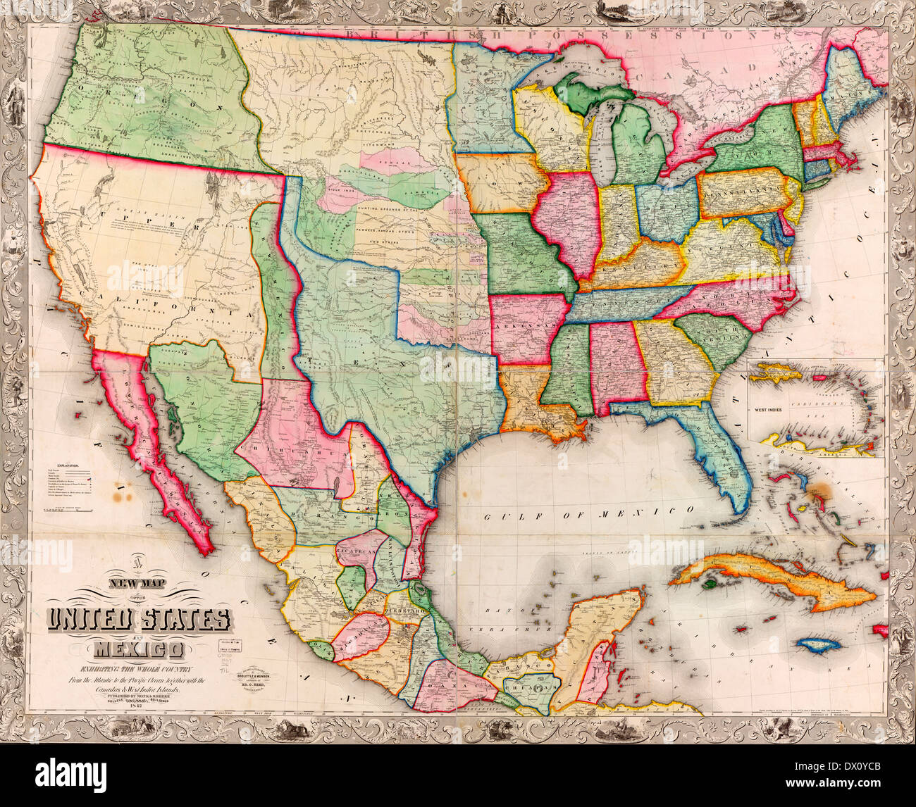 Nouvelle carte des États-Unis et du Mexique. 1847 - Guerre américaine mexicaine pré Banque D'Images