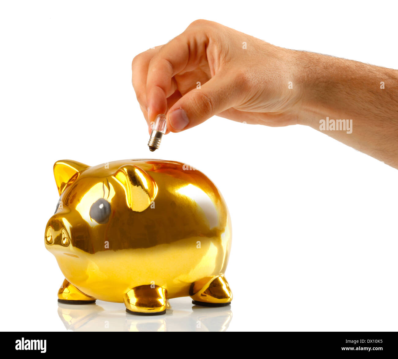 Golden piggy bank avec petites ampoules sur fond blanc Banque D'Images