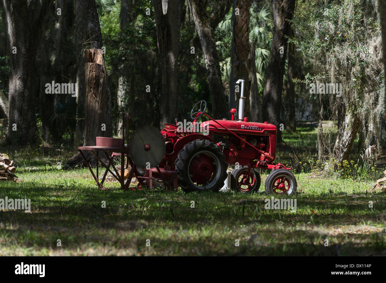 International Harvester Farmall McCormick un tracteur antique setup pour couper du bois dans la région de Leesburg, Floride USA Banque D'Images