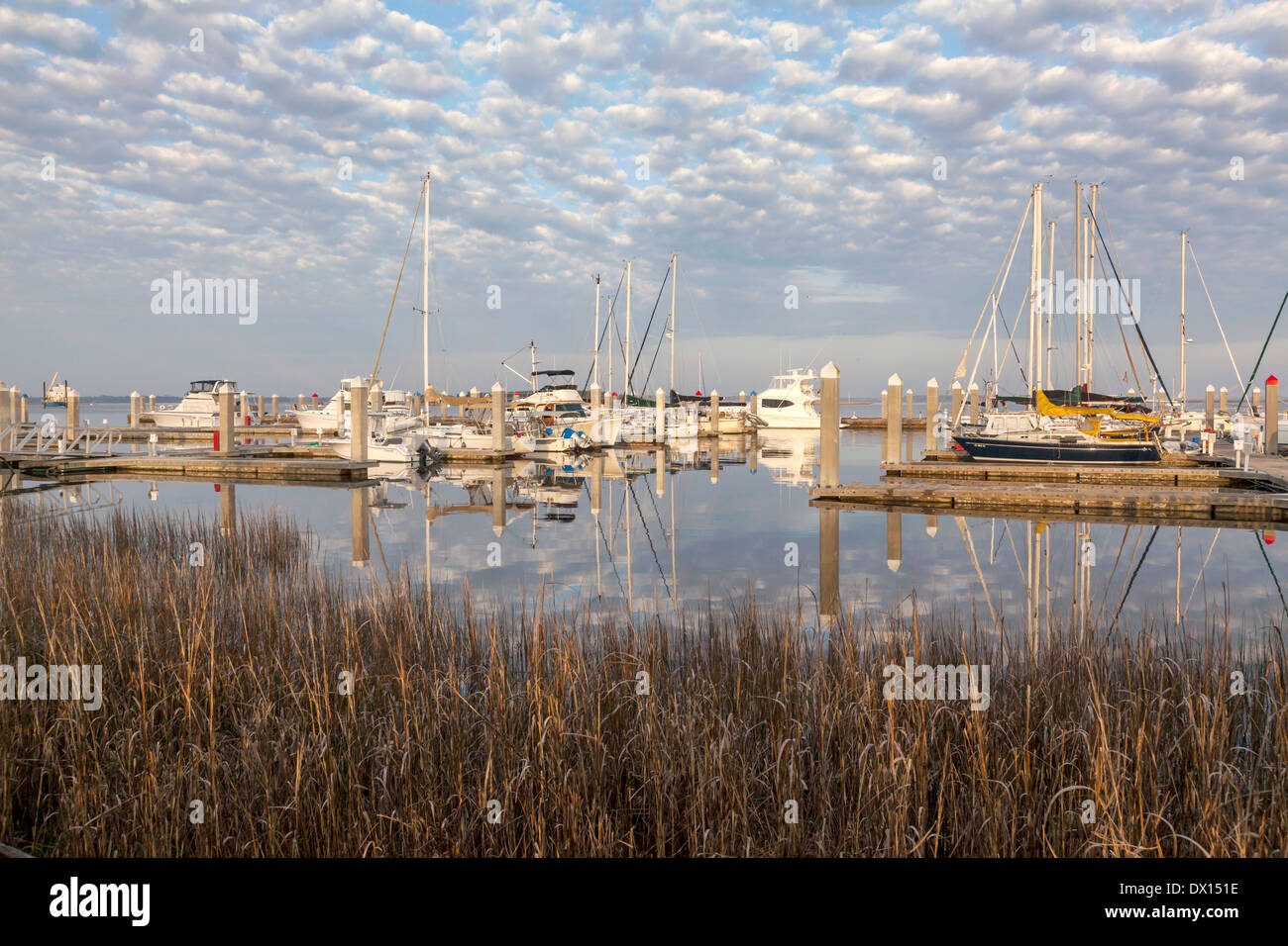 Les nuages blancs moelleux (Altocumulus floccus) reflète dans l'eau sombre de la Fernandina Beach port et quais, USA. Banque D'Images