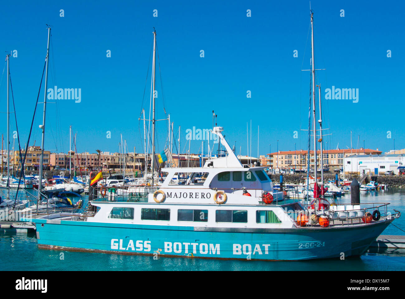 Bateau à fond de verre, Puerto de Las Palomas, le port, Corralejo, Fuerteventura, Canary Islands, Spain, Europe Banque D'Images