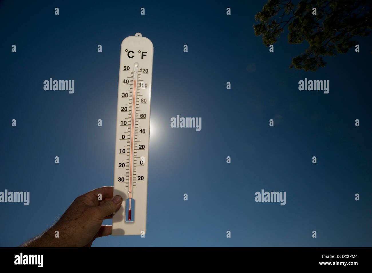 La chaleur torride et chaude journée sun thermomètre 40 degrés Banque D'Images