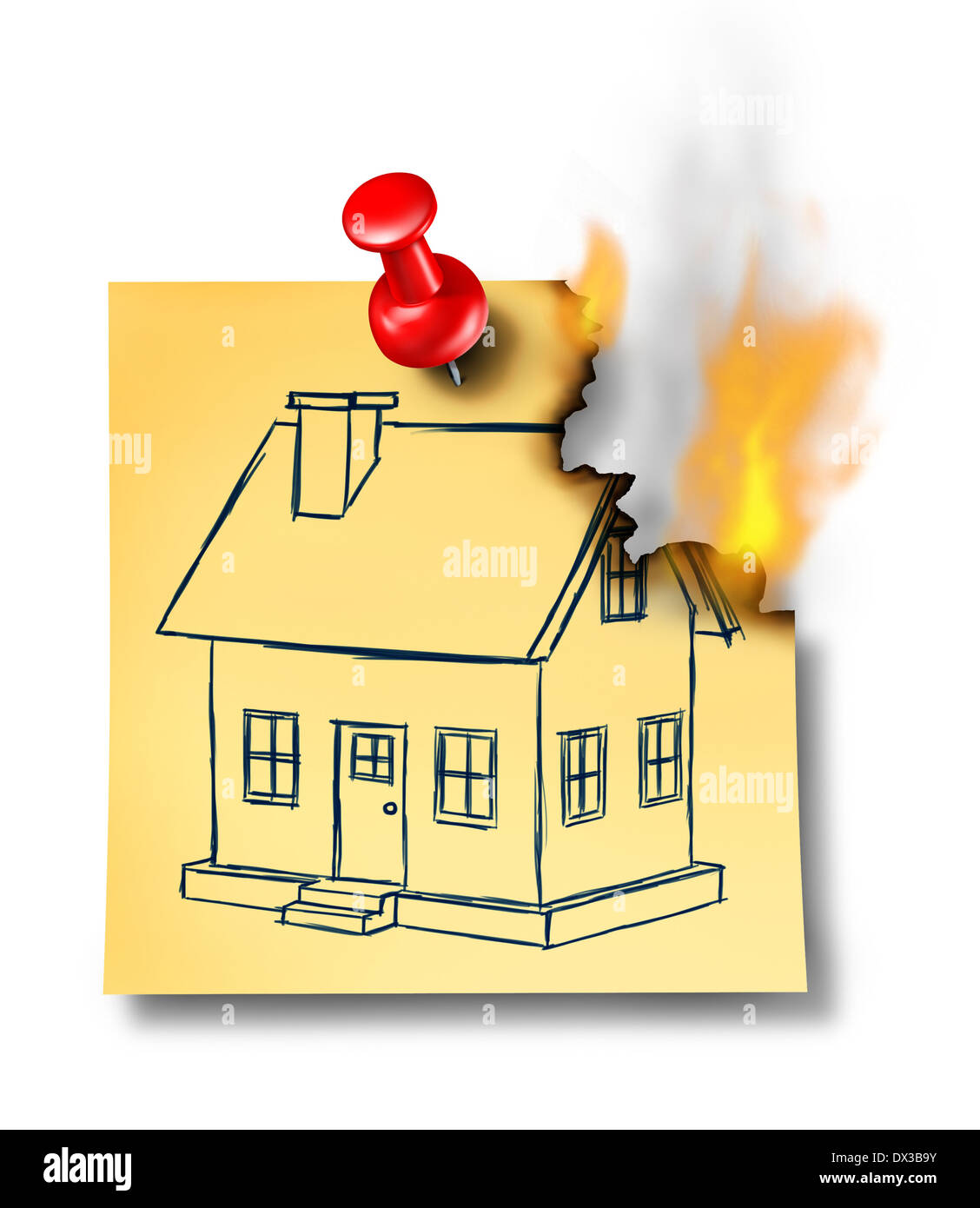 Home concept d'assurance avec une chambre générique dessin sur un papier gravure note avec une broche en forme de punaise comme métaphore de l'importance des risques d'incendie et de fumée résidentiels et des systèmes de sécurité. Banque D'Images