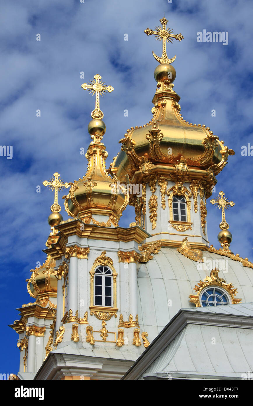 Dômes dorés de l'église Saint Pierre et Paul à Peterhof Palace. Saint-pétersbourg, Russie Banque D'Images Dômes dorés de l'église Saint Pierre et Paul à Peterhof Palace. Saint-pétersbourg, Russie Banque D'Images