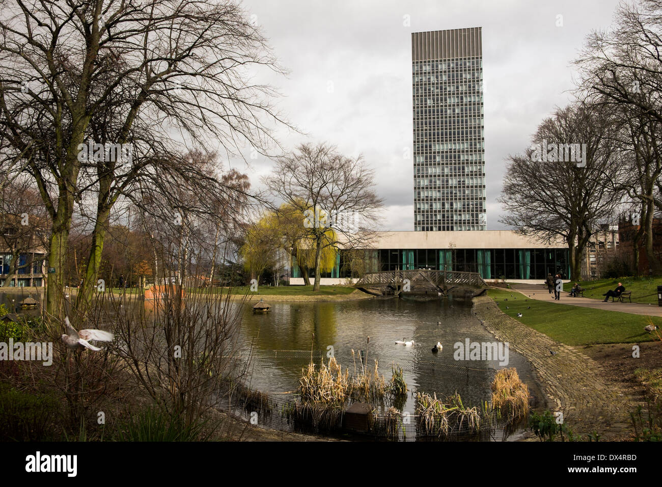 Université de Sheffield Arts tour en arrière-plan avec l'étang à canards d'ornement et le pont en premier plan Weston Park Sheffield en Angleterre Banque D'Images