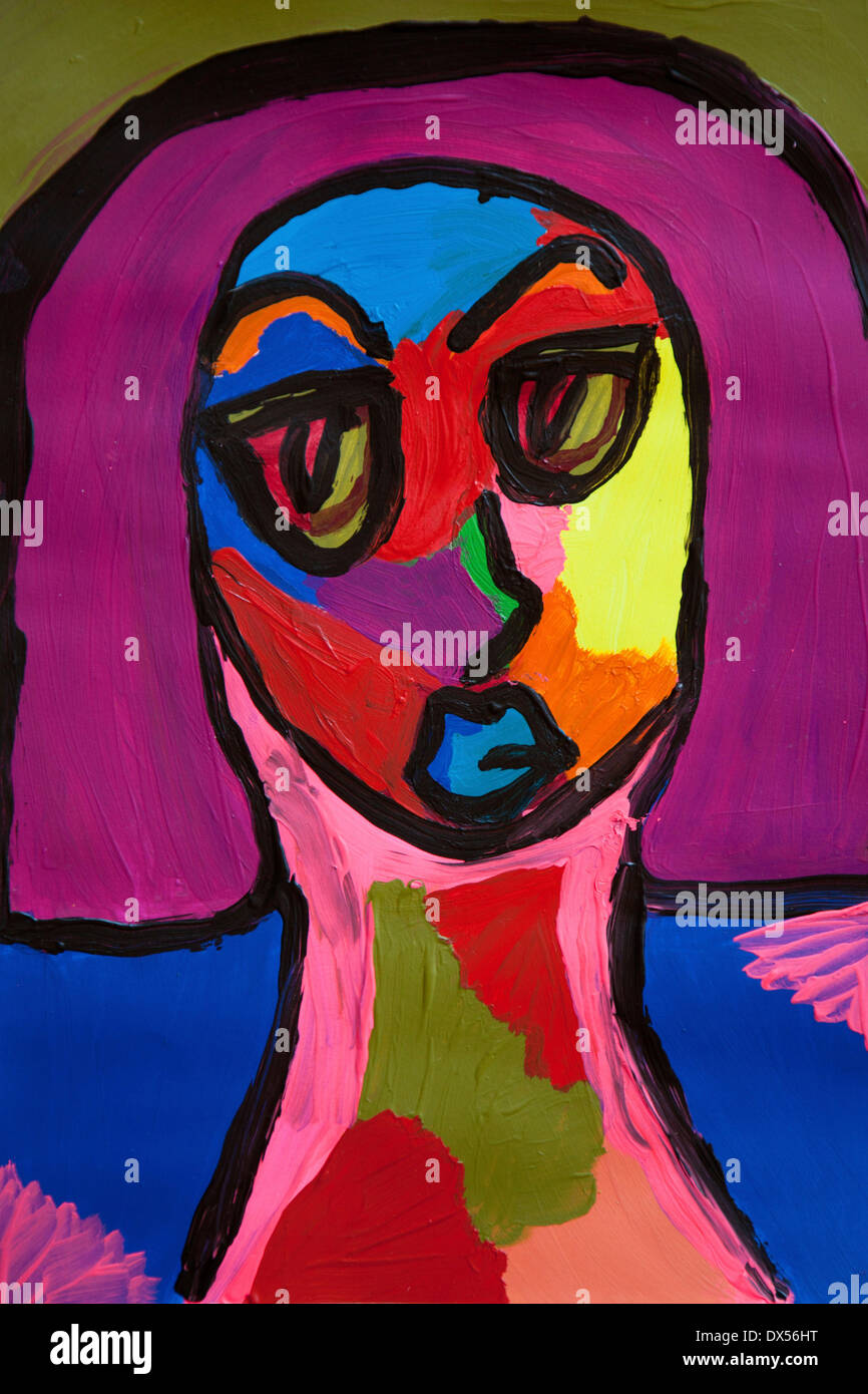 La peinture expressionniste, portrait d'une femme, peint par une fille, 12 ans Banque D'Images