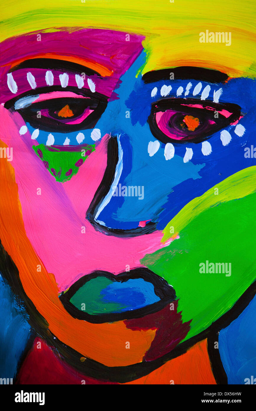 La peinture expressionniste, visage, peint par un garçon, 9 ans Banque D'Images