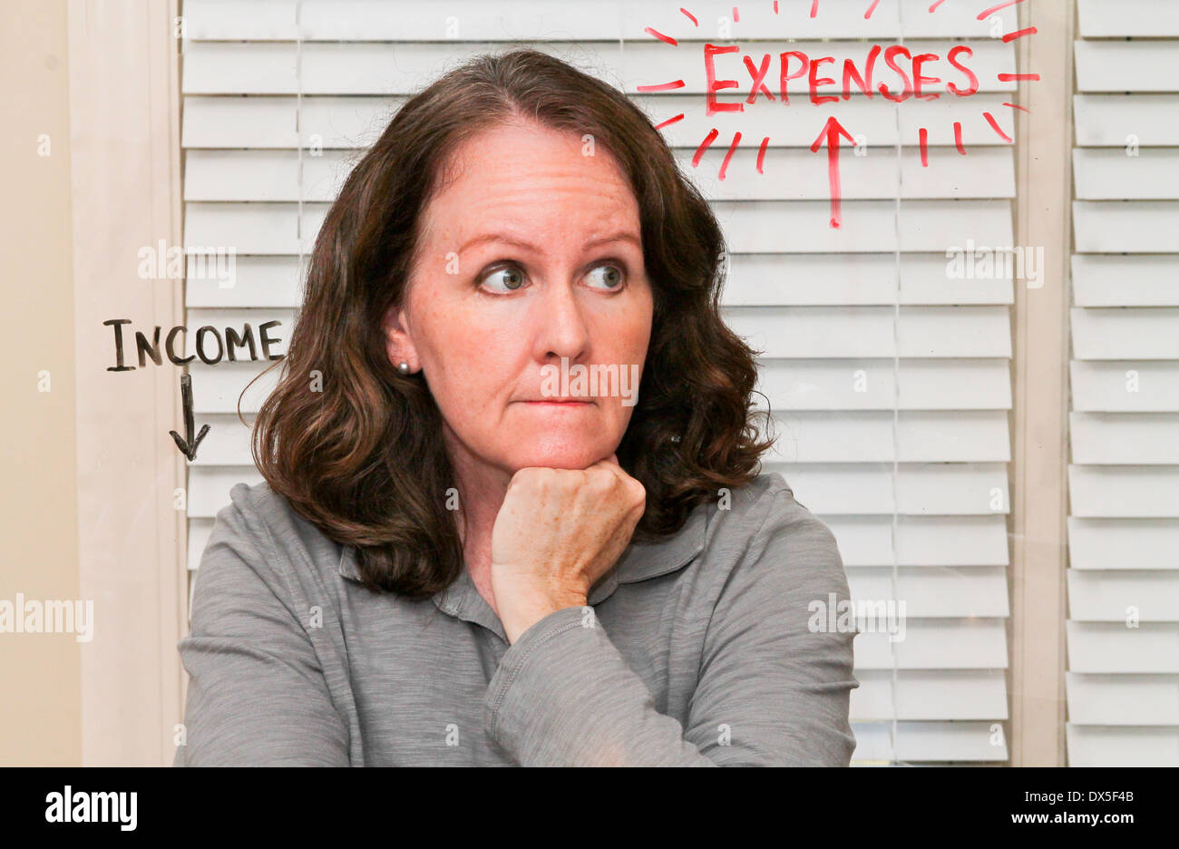 Pourquoi les femmes s'inquiètent de l'orientation horizontale - gros plan d'une femme seule avec un regard inquiet et les mots des revenus et des charges Banque D'Images