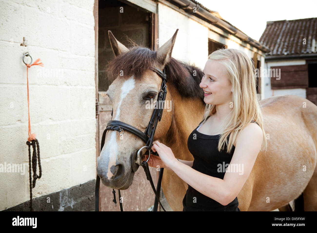 Jeune fille blonde à la tête d'un cheval brun à l'extérieur d'équitation Banque D'Images