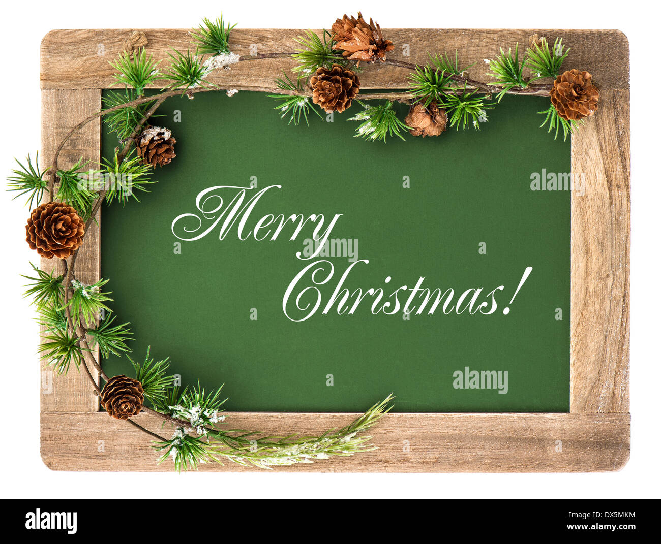 Tableau noir avec cadre en bois et décoration de Noël isolé sur fond blanc. Banque D'Images