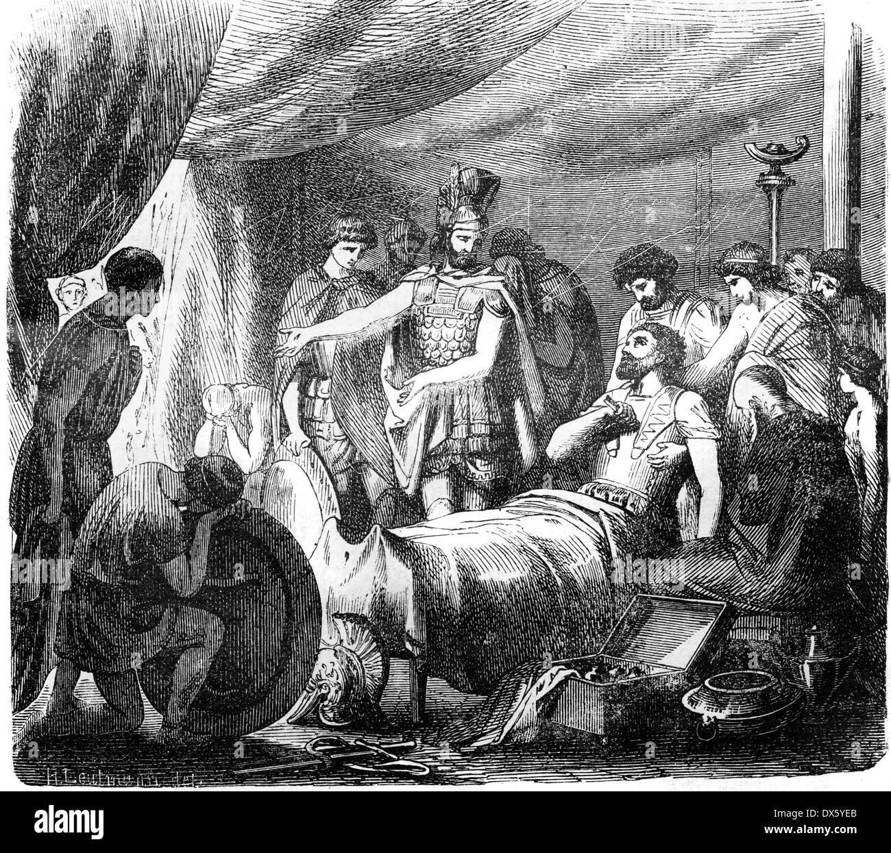 Le lit de mort d'Epaminondas, illustration de livre daté 1878 Banque D'Images