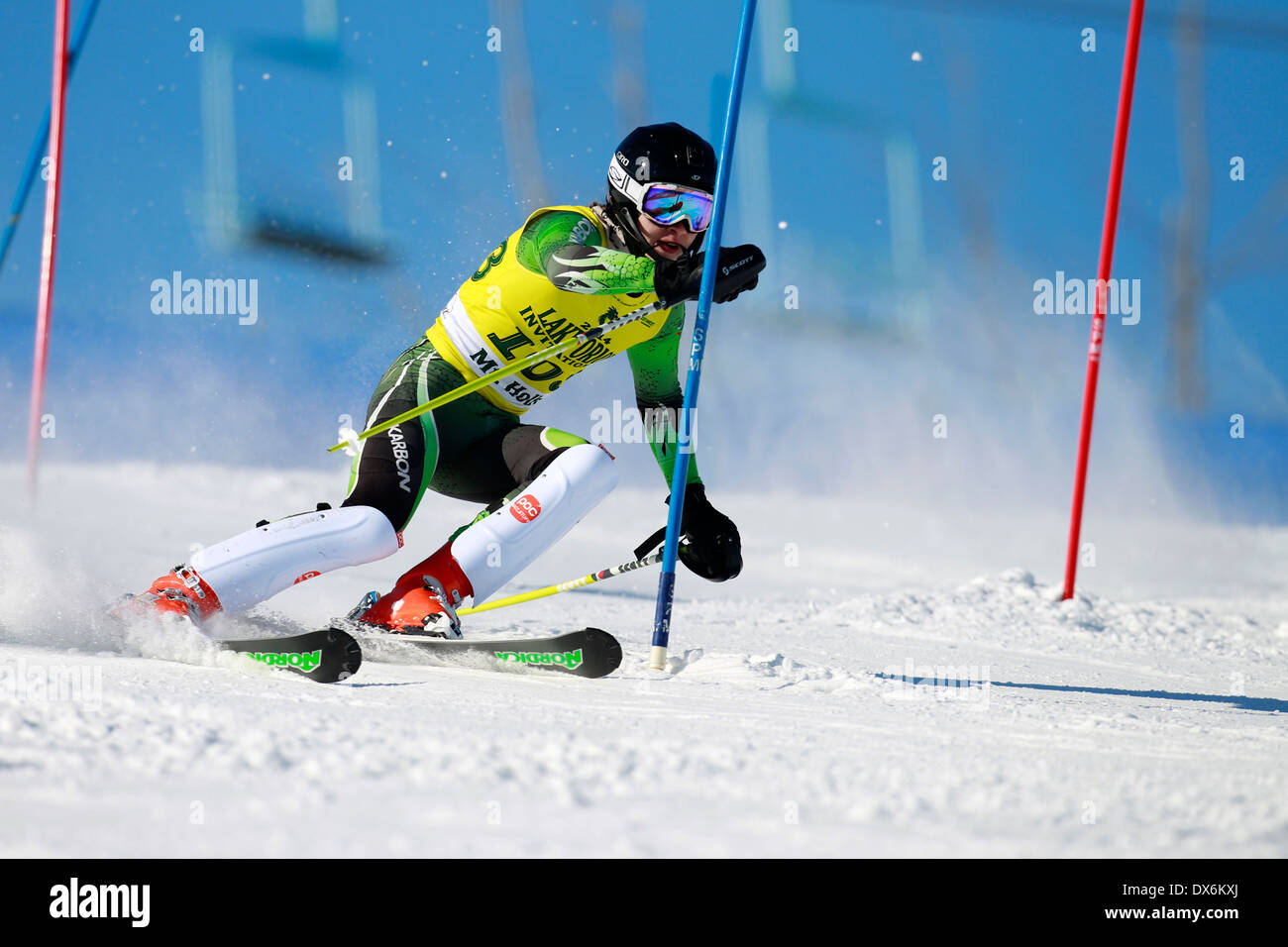 Un skieur neige devant un portail lors de courses sur le slalom. Banque D'Images