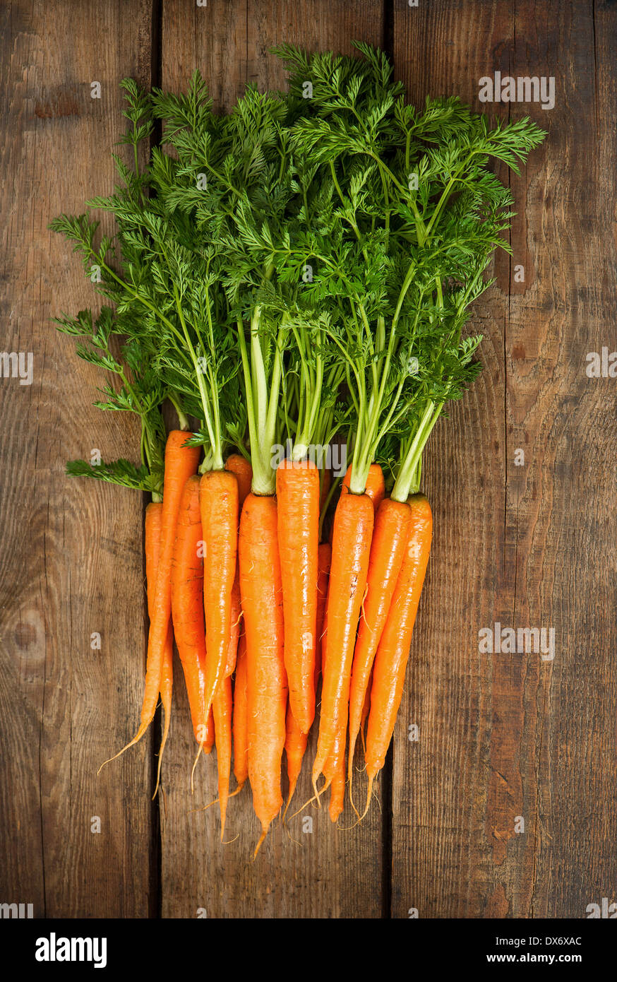 Botte de carottes fraîches avec des feuilles vertes sur fond de bois. Légume. La Nutrition. Les ingrédients des aliments crus Banque D'Images