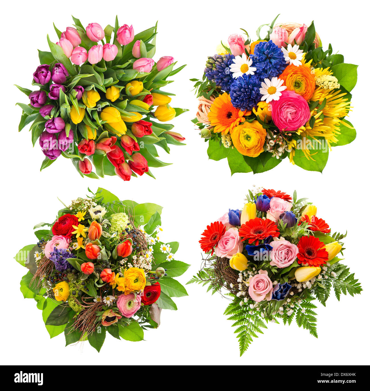 Vue De Dessus De Quatre Bouquets De Fleurs Colorees Pour Anniversaire Mariage Fete Des Meres Paques Arrangements Multicolores Photo Stock Alamy