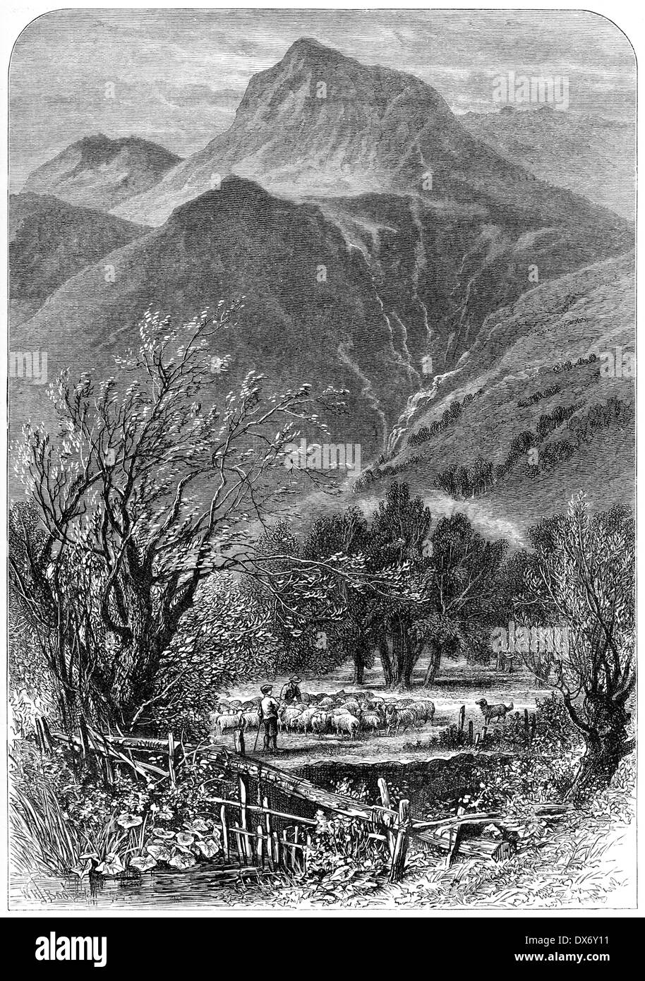Une gravure intitulée "Langdale Pikes' numérisées à haute résolution à partir d'un livre publié en 1880. Dans le Lake District UK Banque D'Images