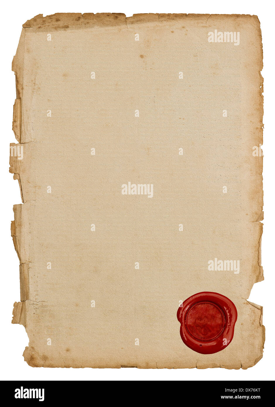 Papier texturé avec feuille d'étanchéité en cire rouge isolé sur fond blanc Banque D'Images