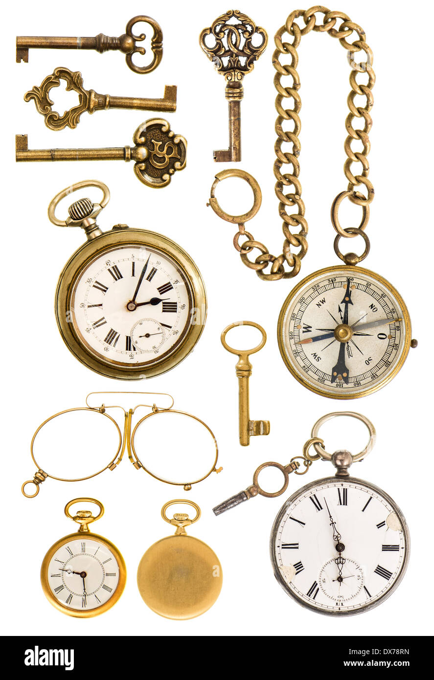 Collection de golden vintage accessoires. Mobilier clés, réveil, boussole, lunettes isolé sur fond blanc Banque D'Images