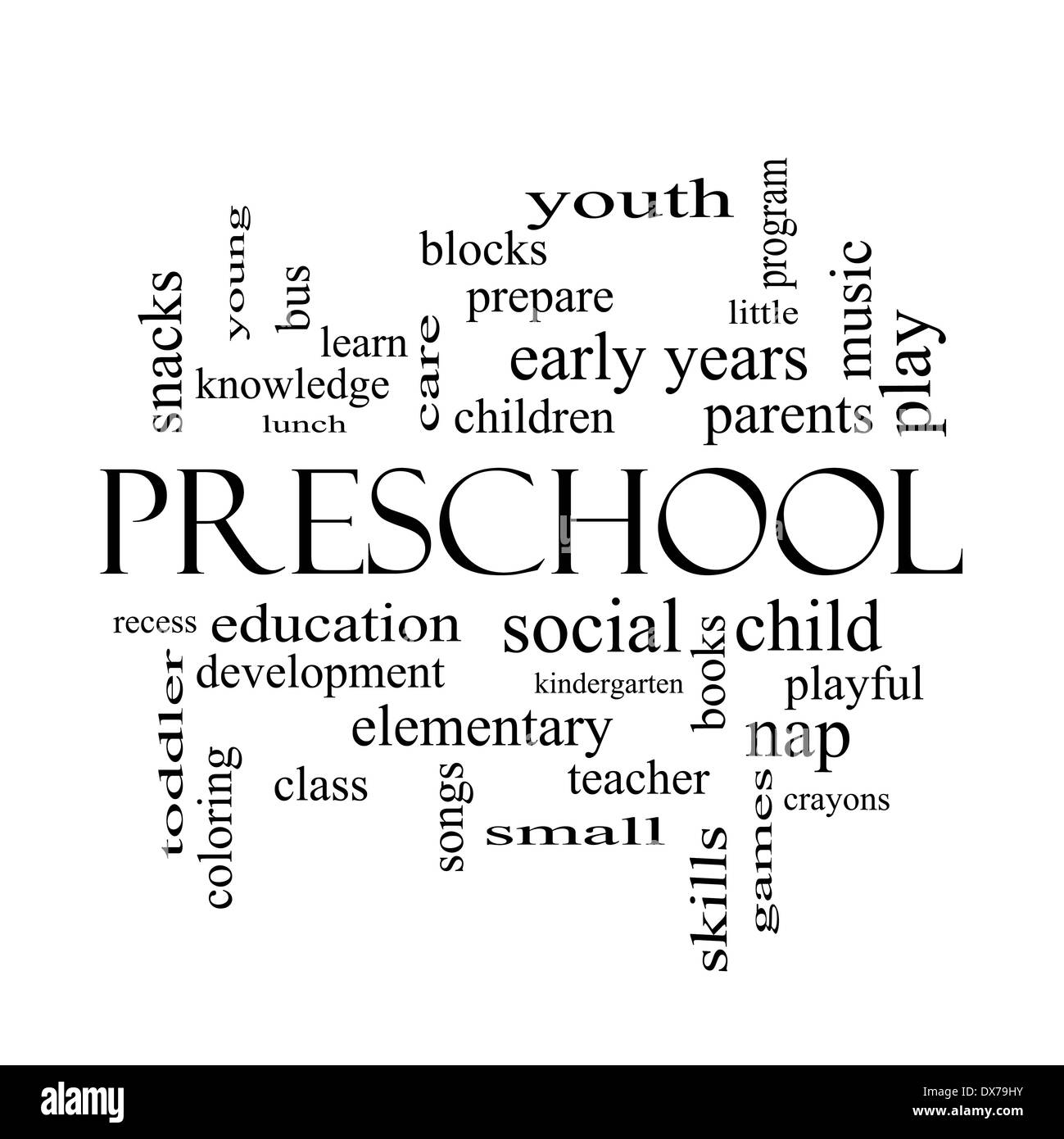 Mot préscolaire Concept Cloud en noir et blanc avec beaucoup de termes tels que la jeunesse, l'éducation, apprendre et plus encore. Banque D'Images