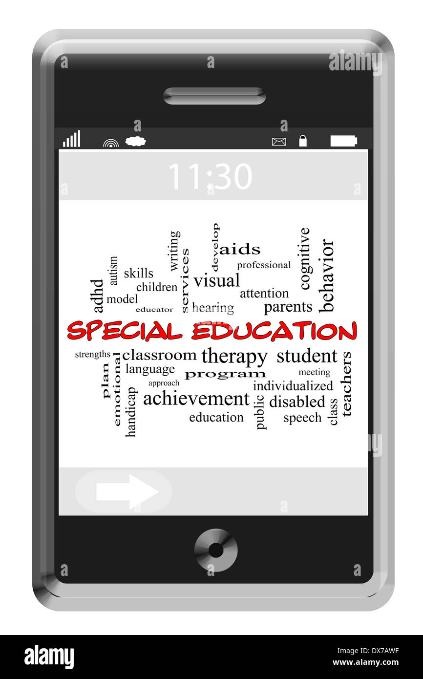 L'éducation spéciale Mot Concept Cloud de téléphone à écran tactile avec beaucoup de termes tels que le programme, les enseignants, les étudiants et plus encore. Banque D'Images